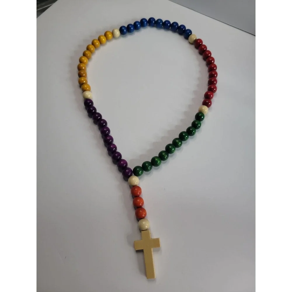 Multicolor Beaded Cross Necklace Chunky Rainbow Boho Statement Pendant